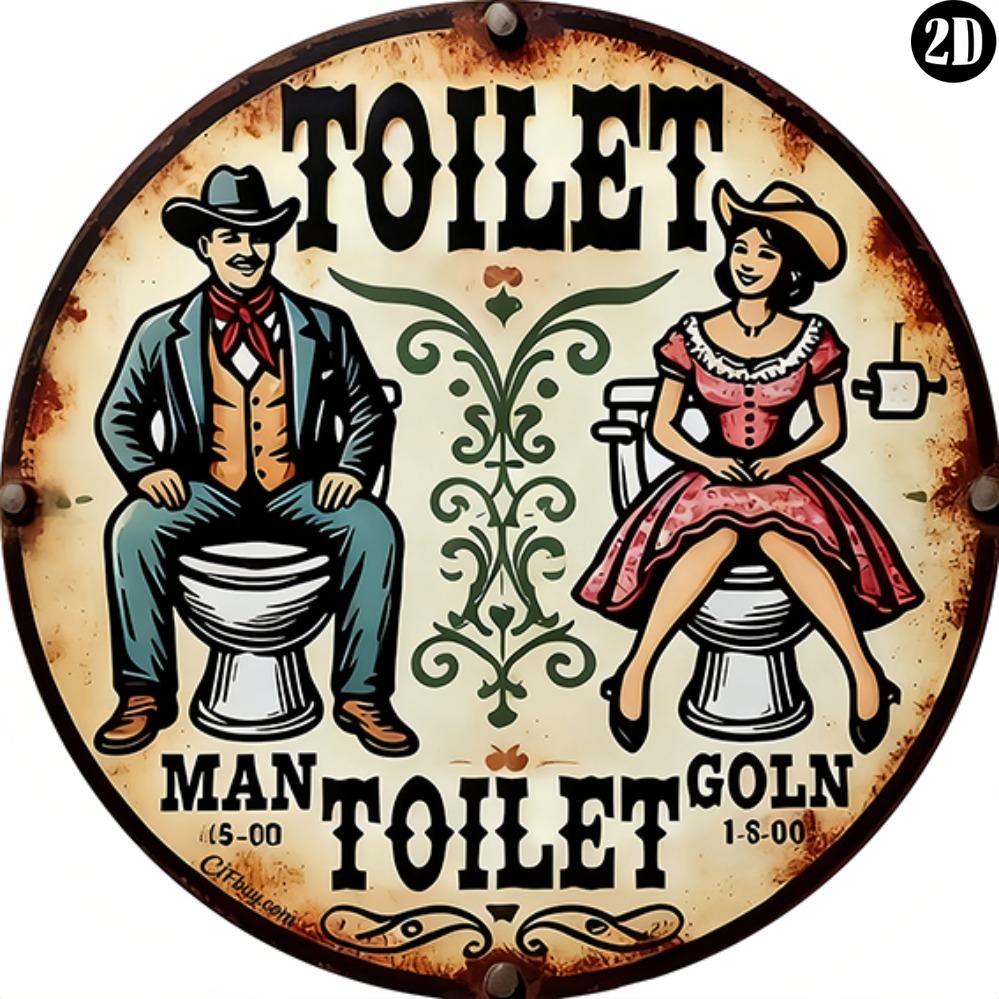Home Bathroom Wall Decor - Vintage Cowboy Toilet Round Metal Sign,