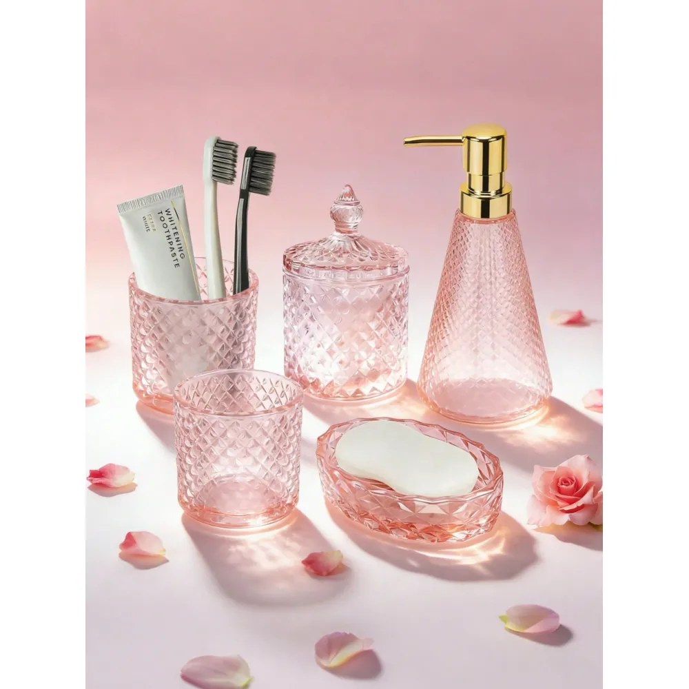 Glass Soap Dish - Pink Glass Bathroom Accessories Set, Includes